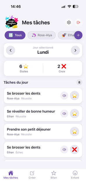 Aperçu de l'application Magic Program : liste des tâches quotidiennes avec étoiles