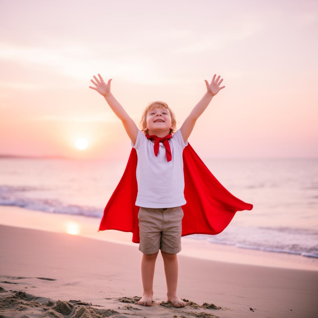 Enfant fier les bras en l'air sur la plage