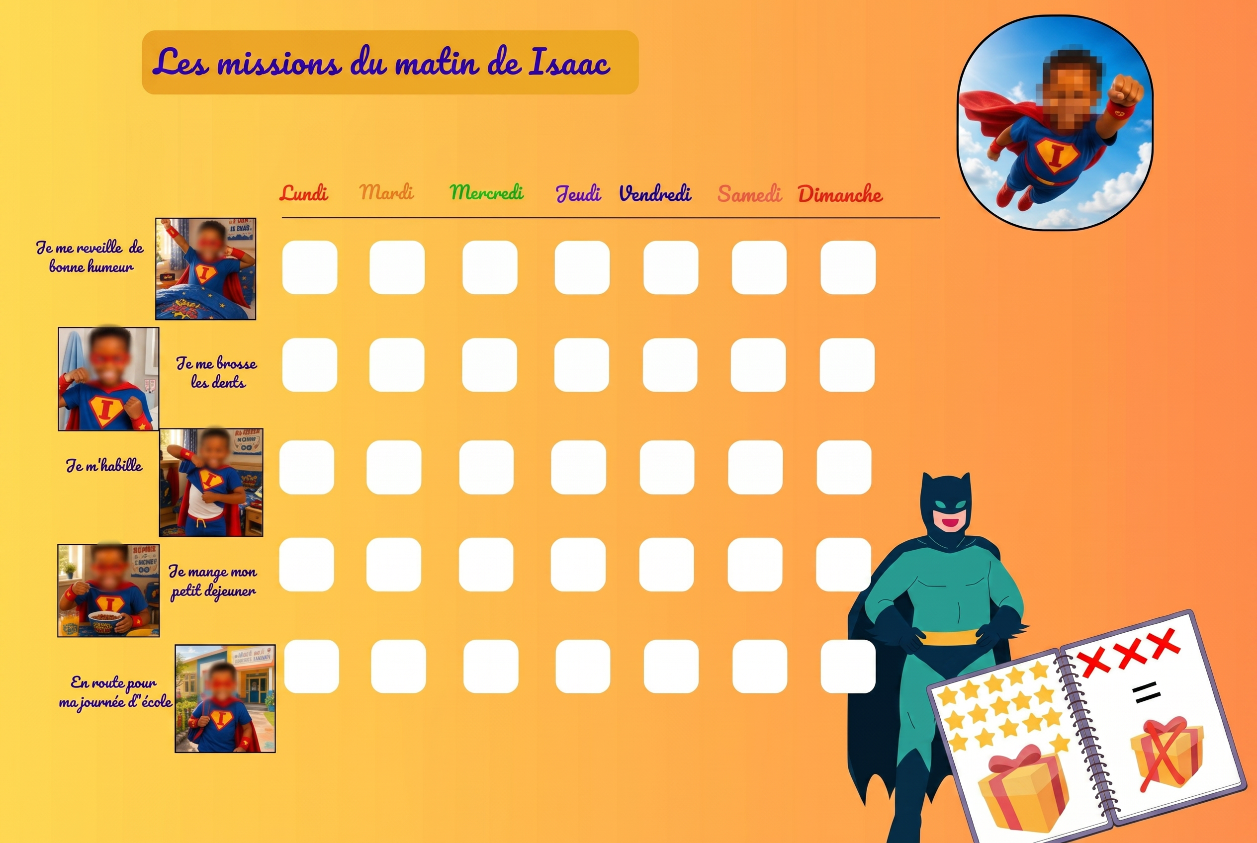 Programme magique du matin d'Isaac, univers super-héros (visages floutés pour confidentialité)