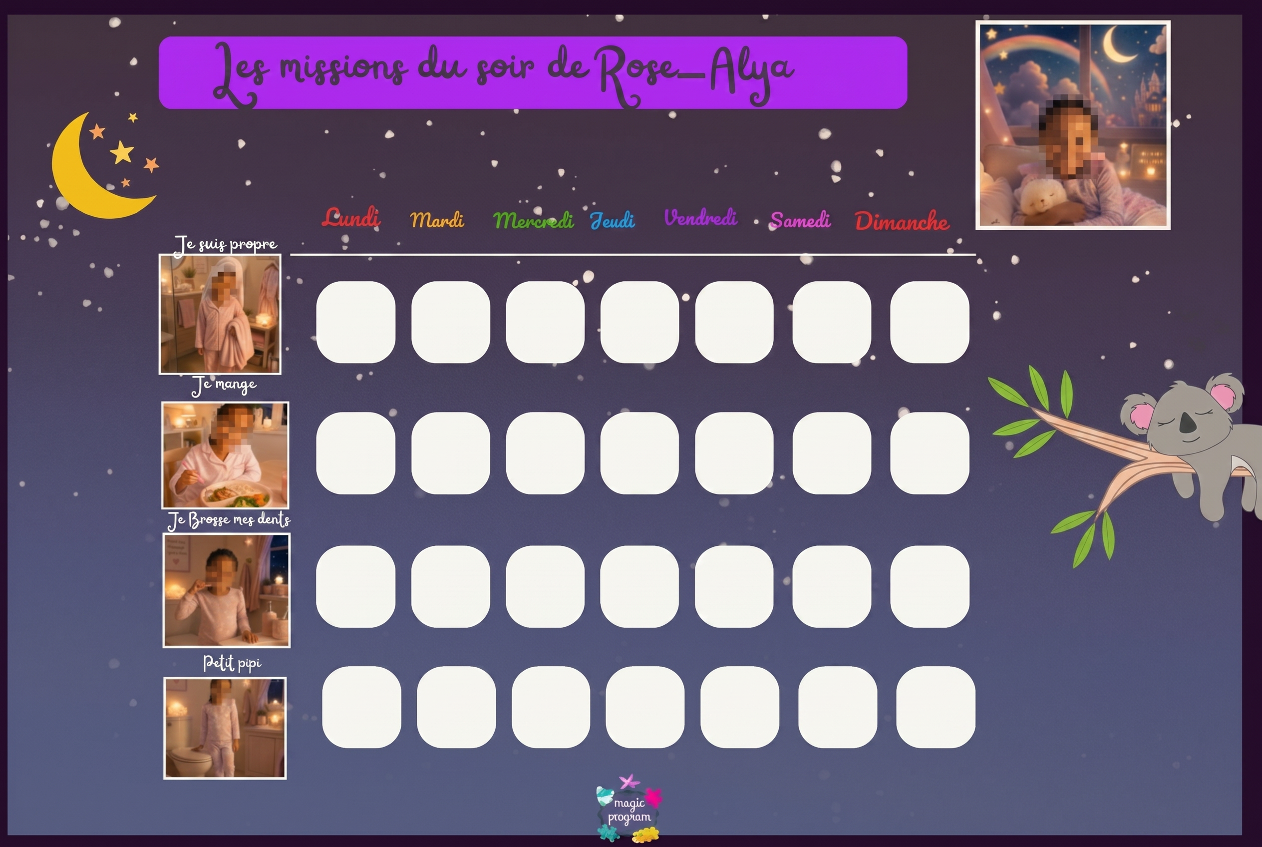 Programme magique du soir de Rose-Alya, univers féerique (visages floutés pour confidentialité)
